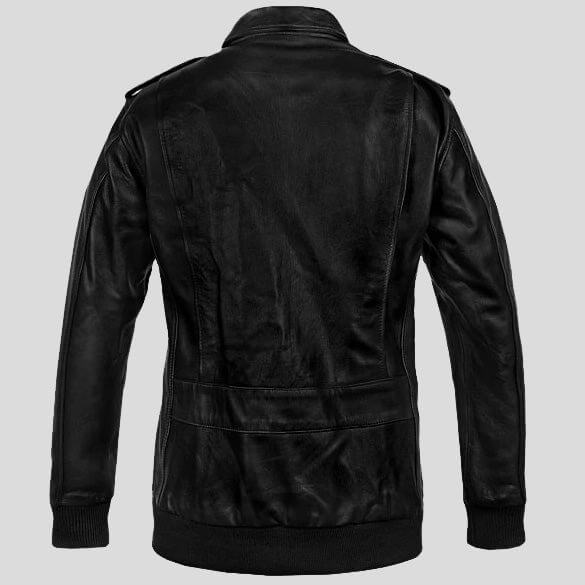 Classic leather bomber jacket with military details