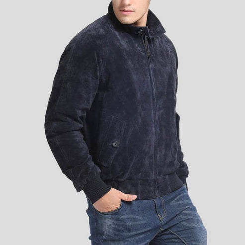 Men's Navy Suede Bomber Jacket