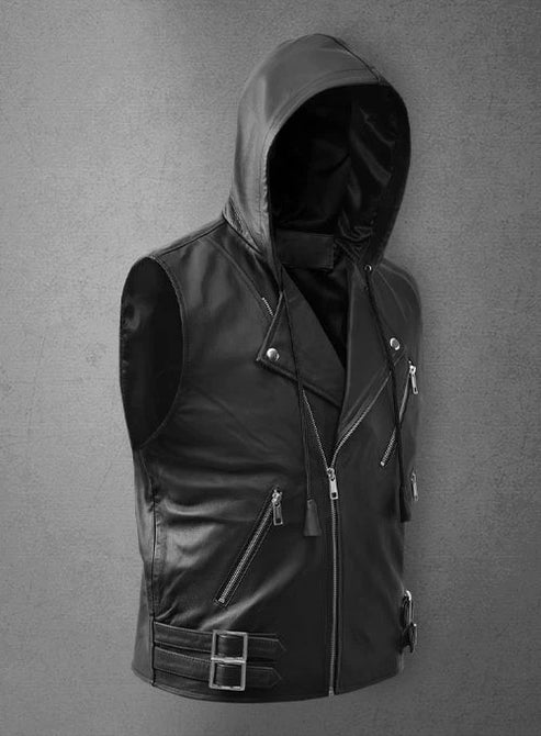 Men’s Leather Hooded Vest