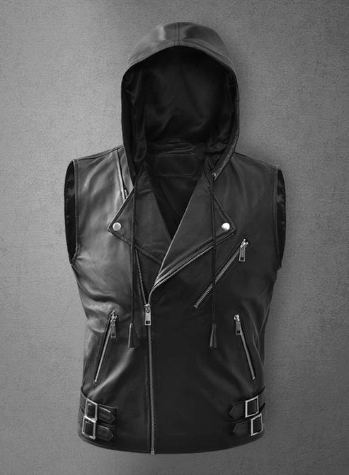 Men’s Leather Hooded Vest