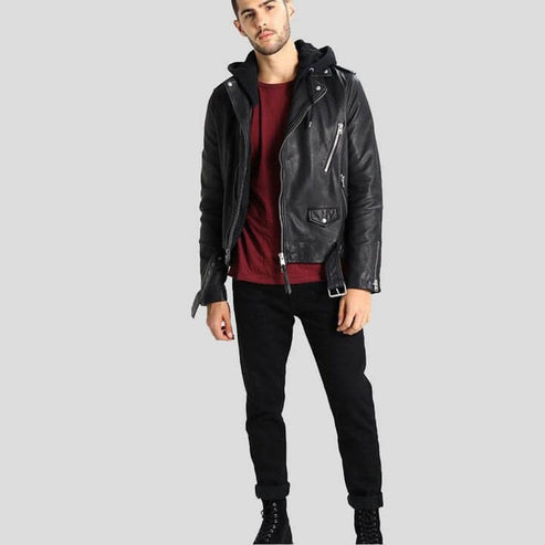 Men's Black Leather Jacket with Removable Hood