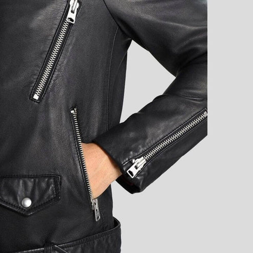 Men's Black Leather Jacket with Removable Hood