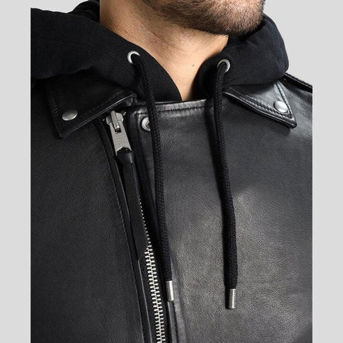 Men's Black Leather Jacket with Removable Hood