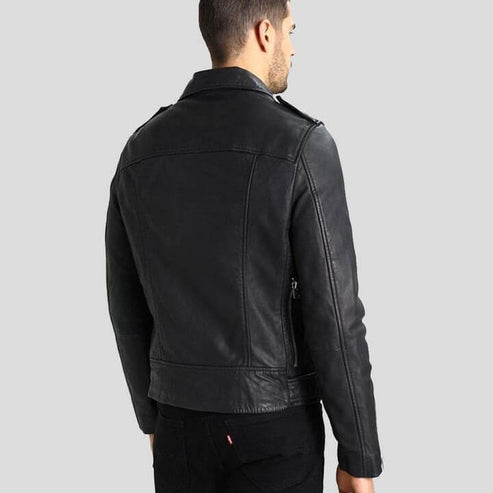 Men's Black Leather Jacket with Removable Hood
