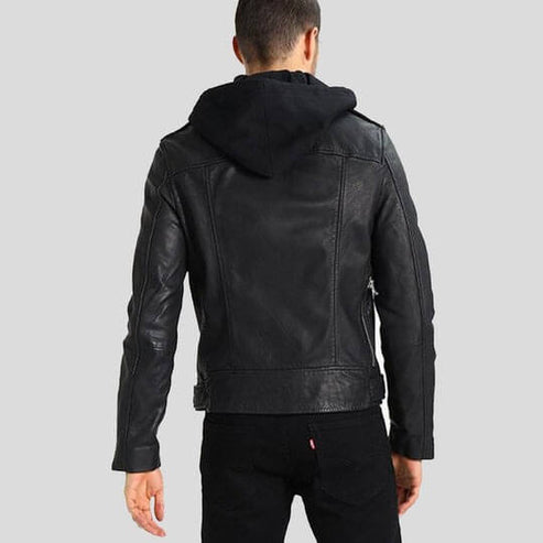 Men's Black Leather Jacket with Removable Hood