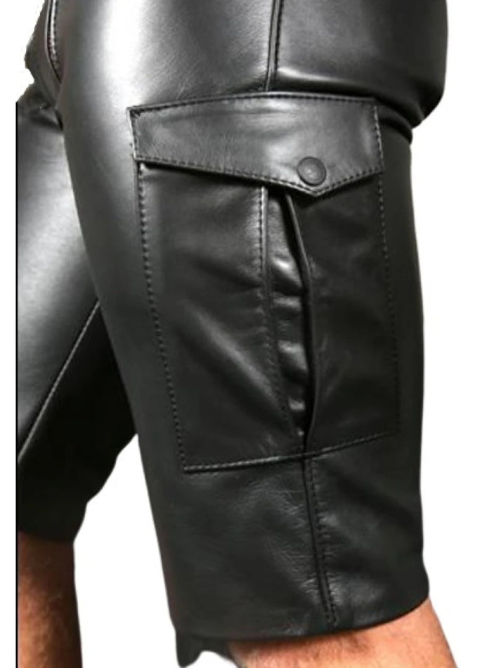 Black Double Zipper Leather Shorts for Men