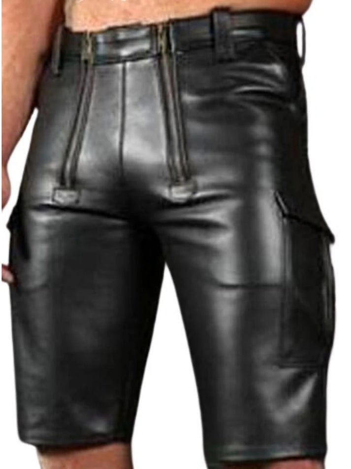Black Double Zipper Leather Shorts for Men