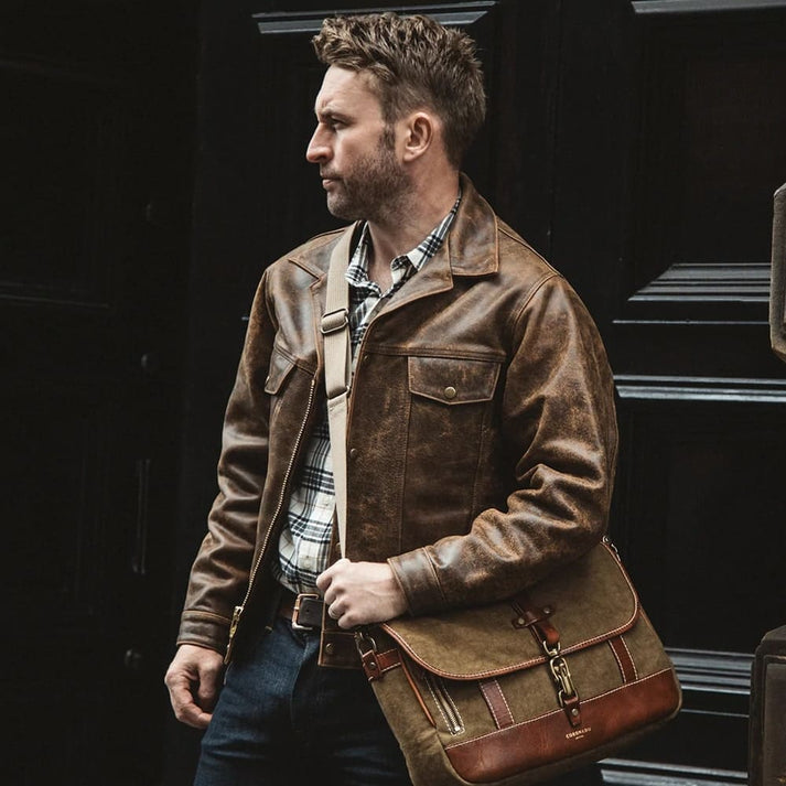 Men’s Distressed Leather Jacket with Pockets