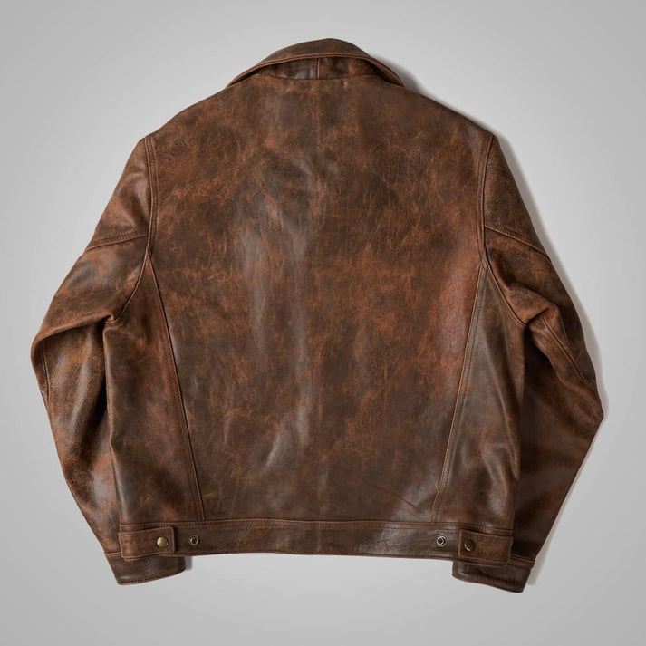 Men’s Distressed Leather Jacket with Pockets