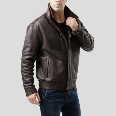 Men's Brown Leather Bomber Jacket