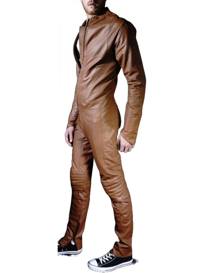 Brown Sheepskin Biker Jumpsuit for Men