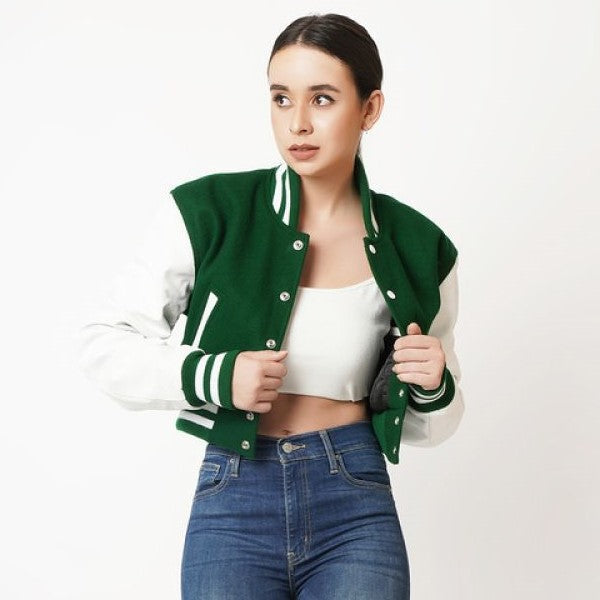 Green Varsity Leather Jacket Women