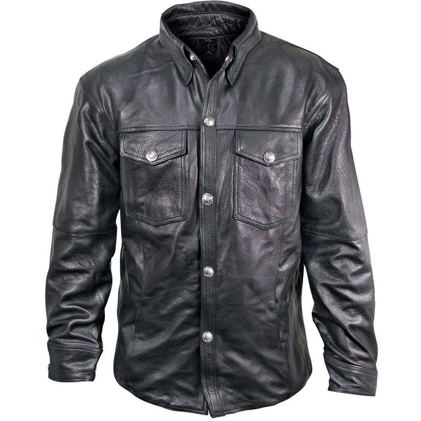 Men’s Black Genuine Leather Shirt – Vintage Buffalo Button Edition