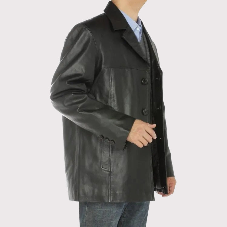 Men's Black Lambskin Leather Overcoat Blazer Jacket