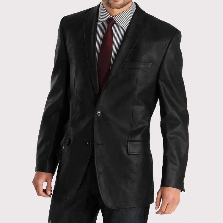 Men’s Two-Button Black Leather Blazer Coat
