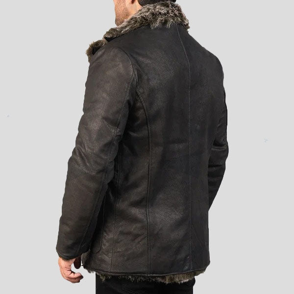 Men’s Black Leather Trench Coat with Long Fur Trim – Luxe Winter Style