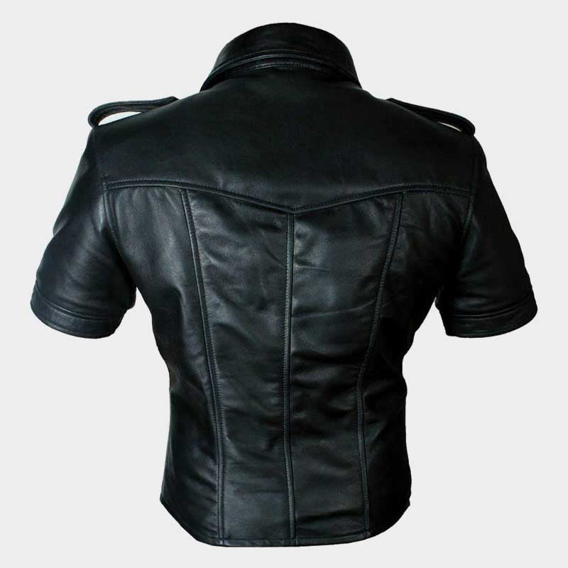 Black Leather Uniform Inspired Shirt for Men with Snap Buttons