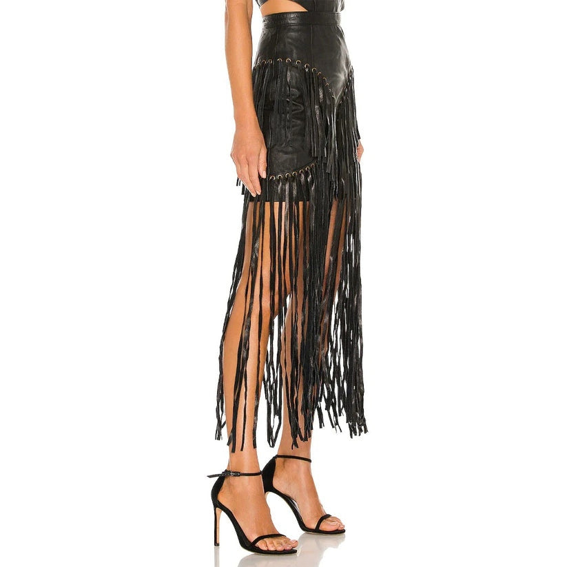 Black Fringe Leather Skirt for Women – Long Western-Inspired Style