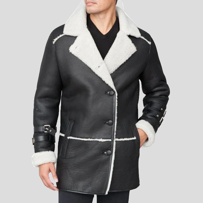 Men's Black Shearling Car Coat – Real Sheepskin Winter Classic
