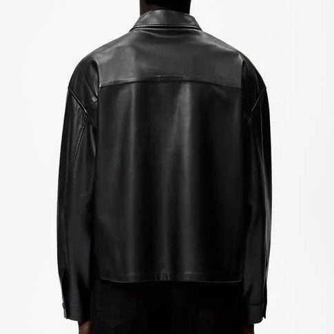 Men’s Black Button-Up Leather Overshirt – Modern Minimalist Style