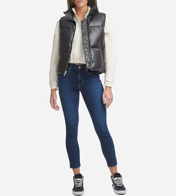 Women’s Black Leather Quilted Puffer Vest