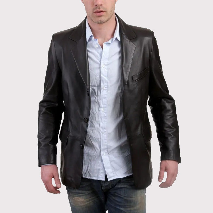 Men’s Classic Black Leather Blazer – Timeless Casual Jacket