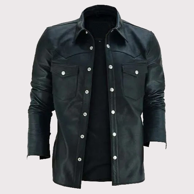Men’s Classic Black Collared Leather Shirt – Timeless Fit
