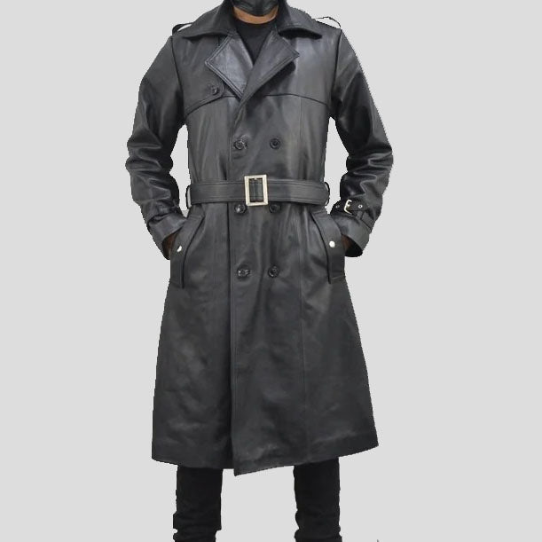 Men’s Classic Black Single-Breasted Leather Trench Coat