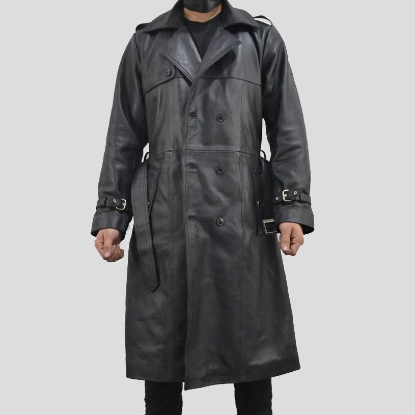 Men’s Classic Black Single-Breasted Leather Trench Coat