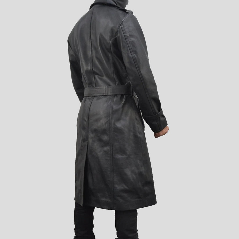 Men’s Classic Black Single-Breasted Leather Trench Coat