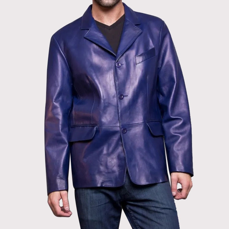 Men’s Classic Blue Leather Blazer – Stylish Jacket Coat