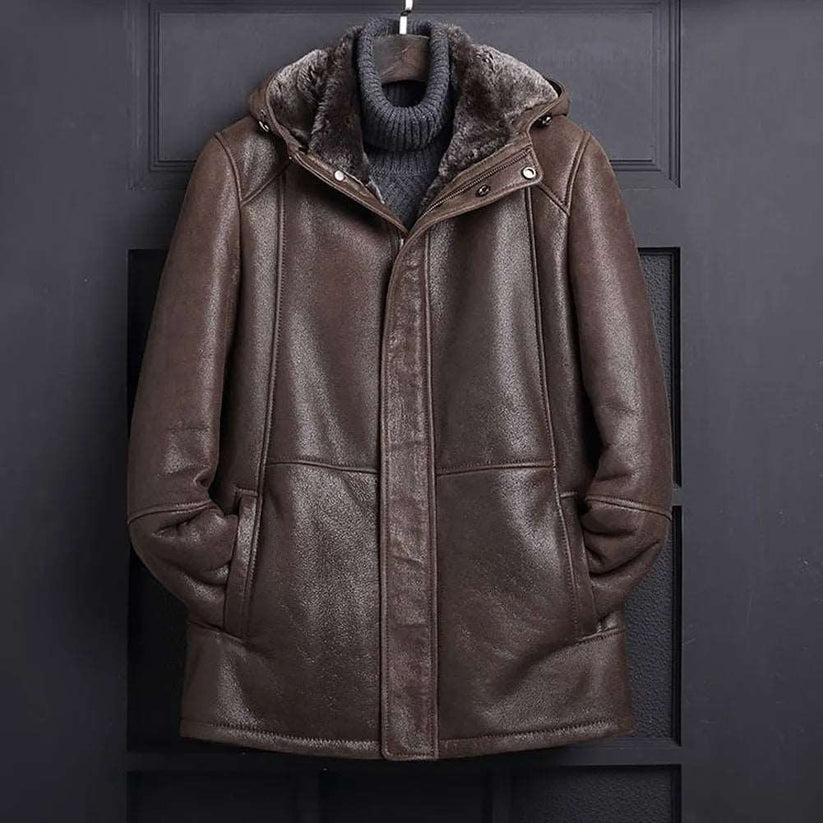 Men’s Dark Brown Hooded Shearling Coat – Classic B3 Bomber Style