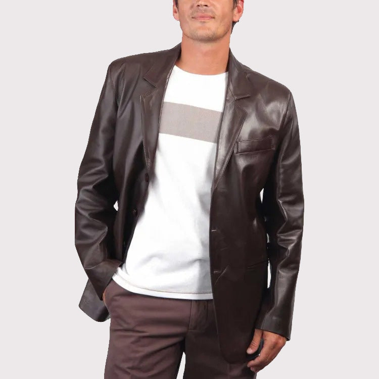 Men’s Dark Brown Leather Blazer – Coat Style Jacket