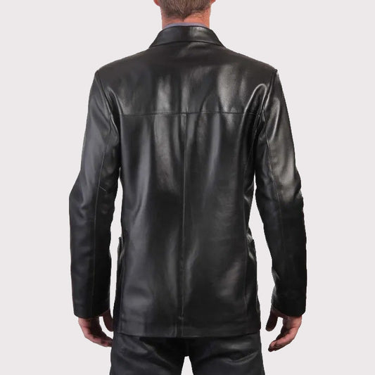 Men’s Elegant Black Leather Blazer Coat – Three-Button Style