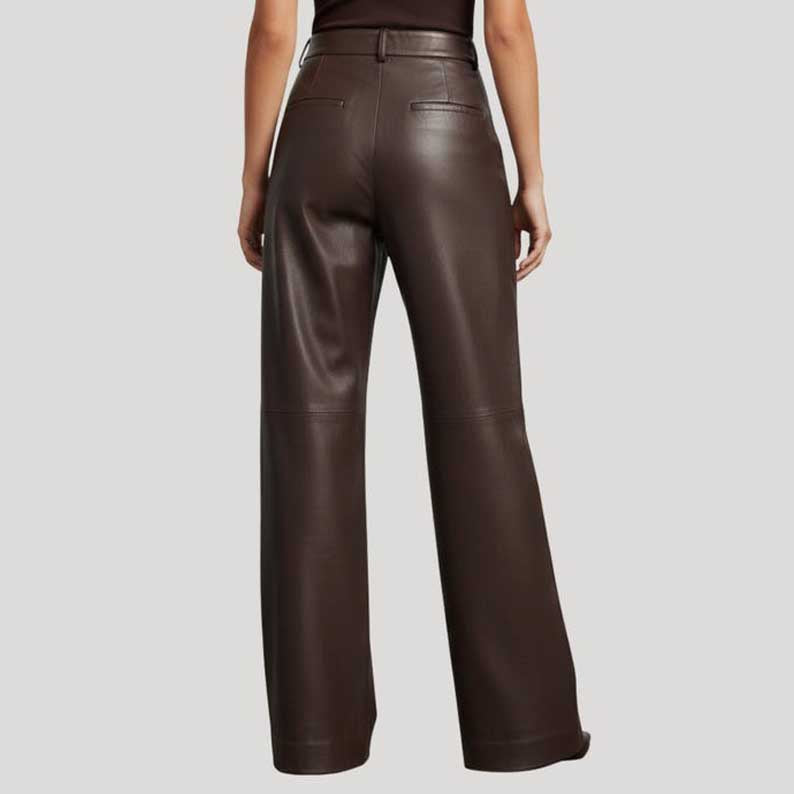 Genuine Brown Leather Pants for Women in High Waist & Wide Leg