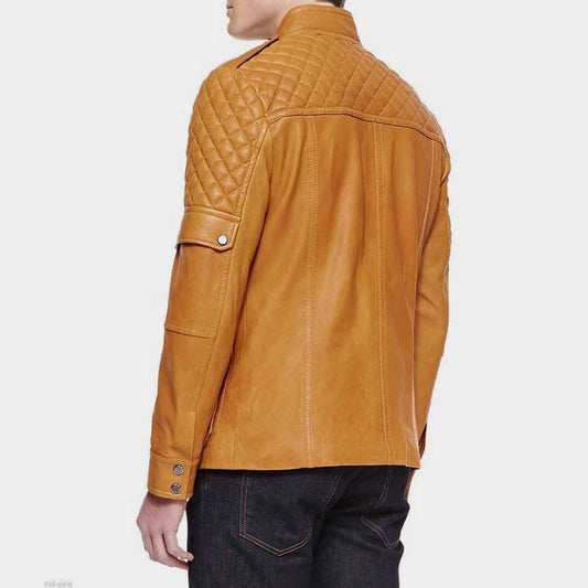 Men Tan Brown Leather Quilted Biker Moto Jacket Handmade genuine leather vintage motorcycle jacket for men in tan brown
