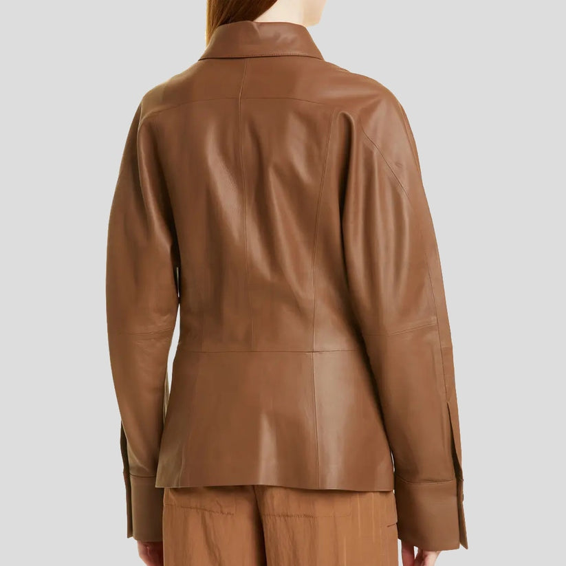 Women’s Hazelnut Brown Leather Shirt Jacket – Timeless Utility Look