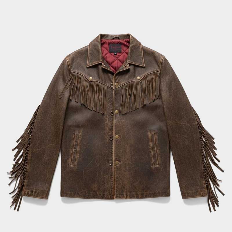 Men Brown Leather Fringe Western Jacket Vintage Distressed