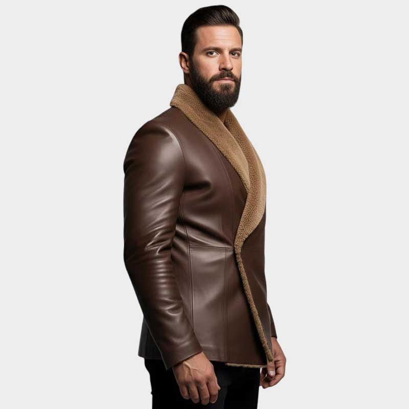 Men Brown Shearling Leather Jacket with Faux Shearling Collar