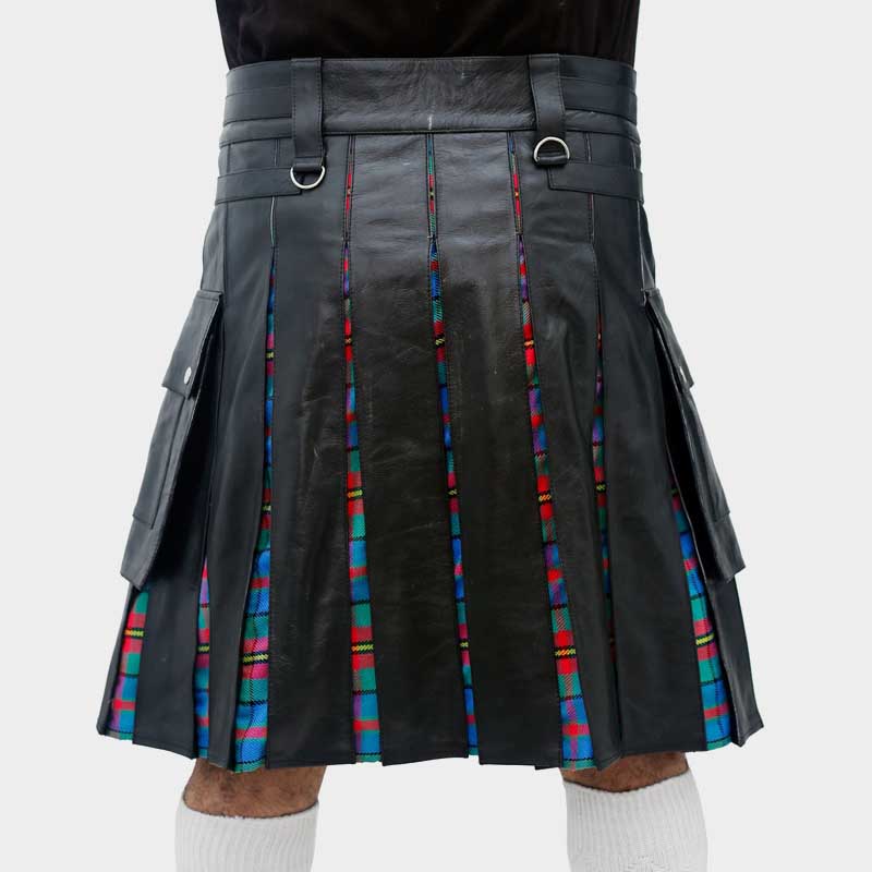 Men Red Cross Tartan Pleats Black Leather Gothic Kilt