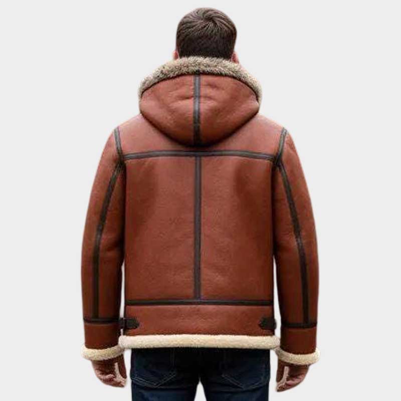 Men Shearling Leather Aviator Jacket with Hooded Winter Coat Design
