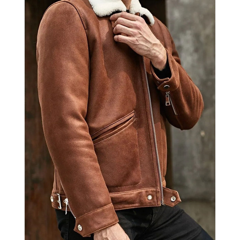 Men’s B3 Shearling Flight Jacket – Turn-Down Collar Winter Bomber Coat