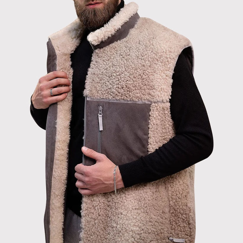 Men's Beige Shearling Wool-Collar Leather Vest