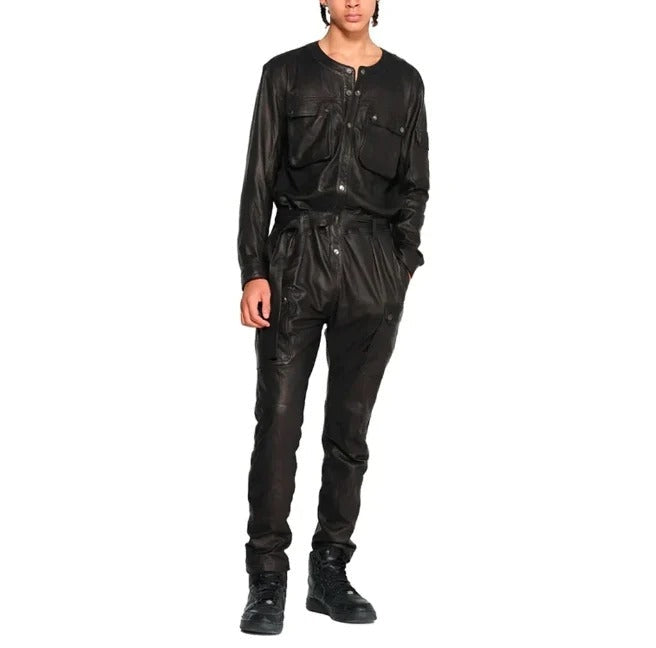 Men’s Black Cargo Leather Jumpsuit – Utility Meets Street Style