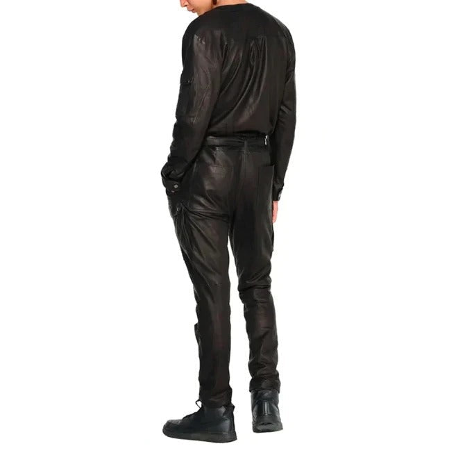 Men’s Black Cargo Leather Jumpsuit – Utility Meets Street Style