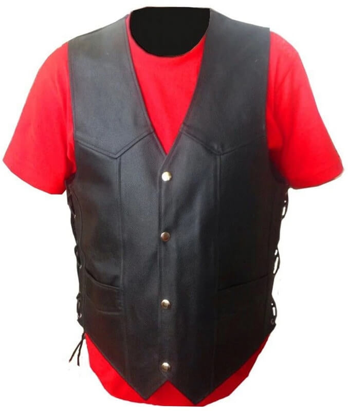 Men’s Black Genuine Leather Biker Vest with Side Lacing | Shearling Leather Jackets