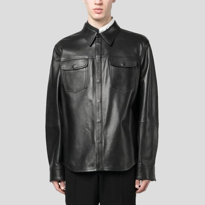 Men’s Black Lambskin Leather Shirt – Classic Chest Pocket Edition
