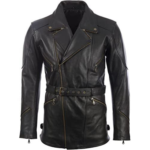 Men’s Black Belted Leather Moto Coat