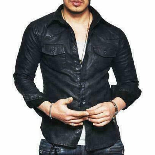 Men’s Black Leather Biker Shirt – Rugged Moto Style