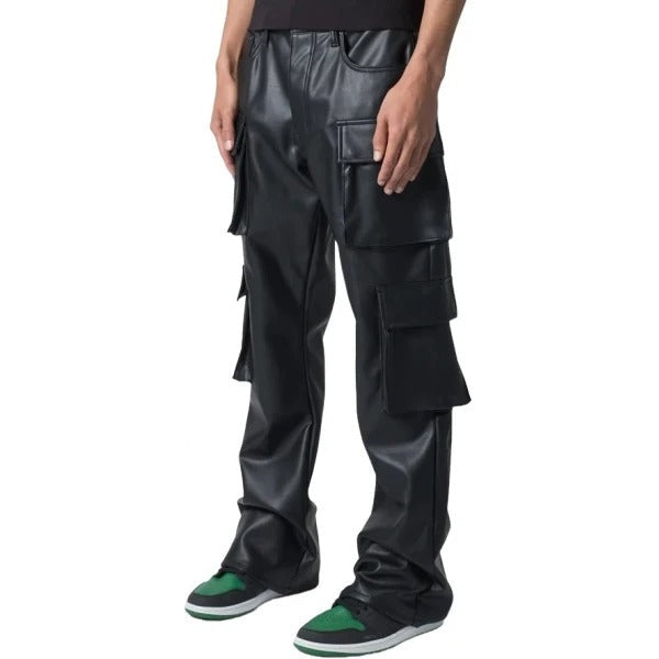 Men’s Black Leather Cargo Pants with 4 Flap Pockets